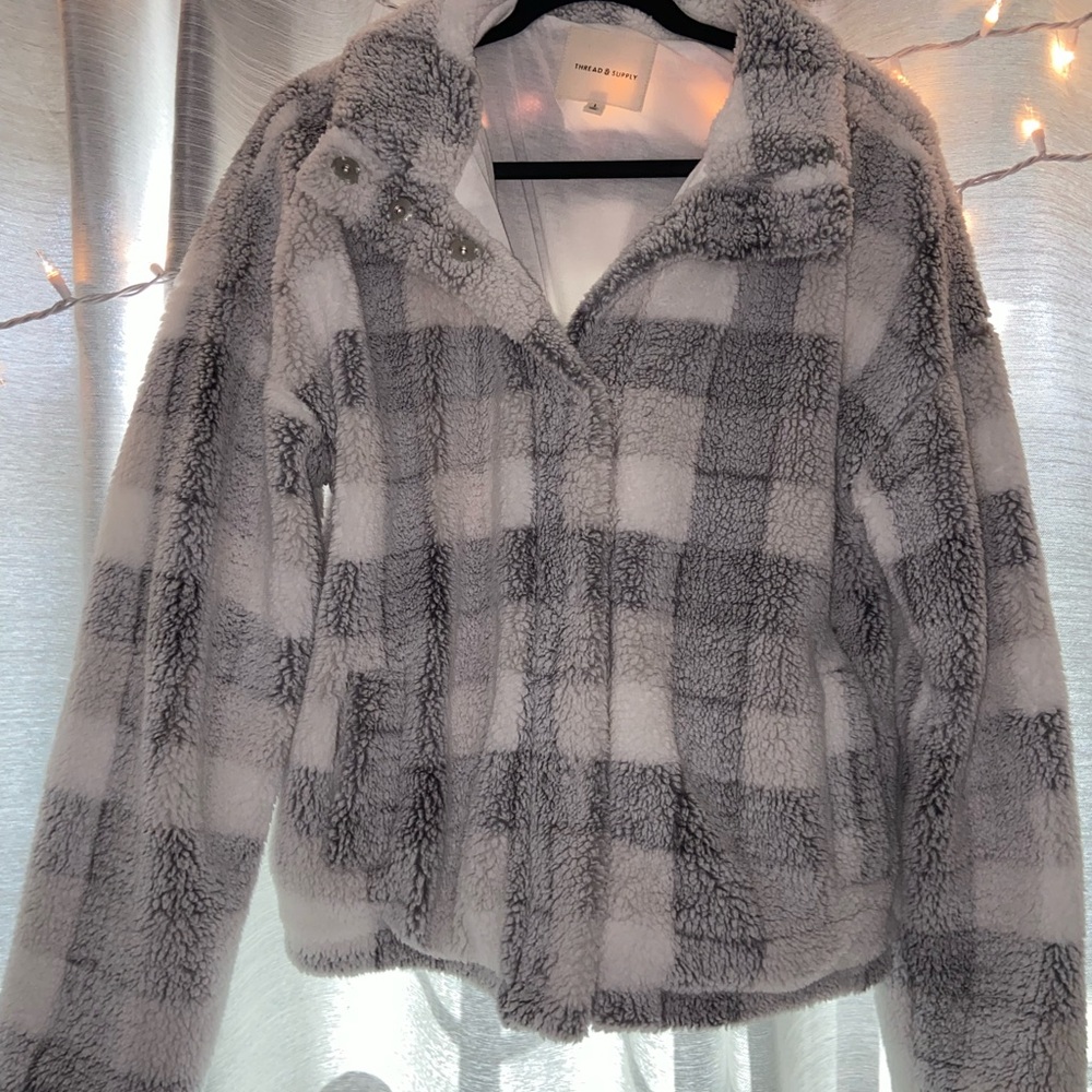 White and gray plaid Sherpa button up